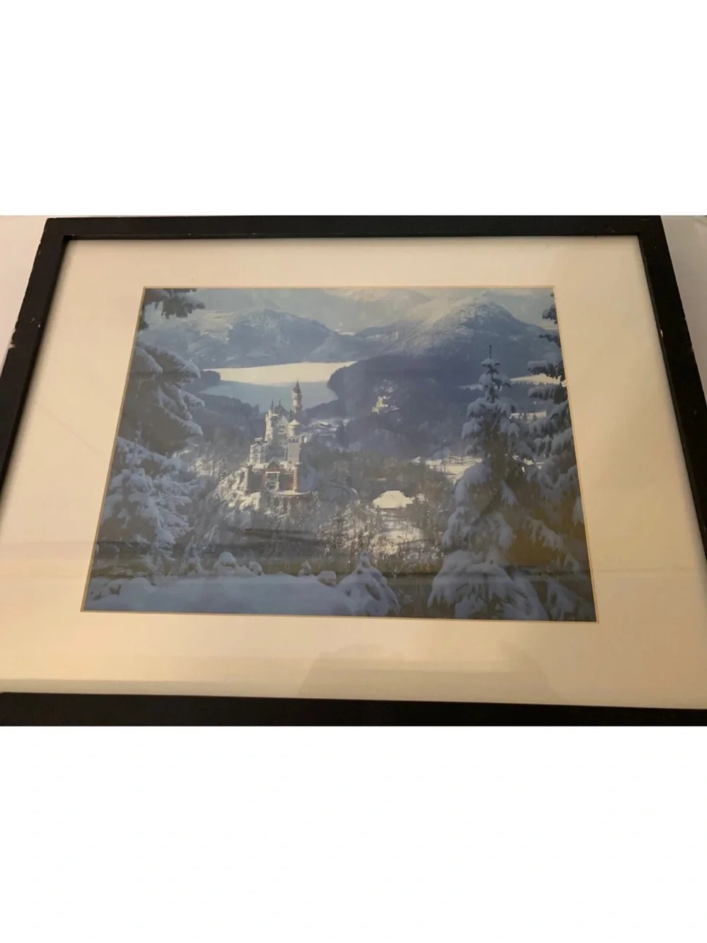 Vintage Neuschwanstein Castle Print Framed Snow